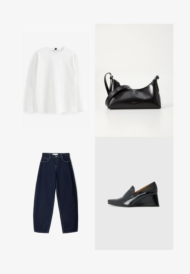 Bijela majica dugih rukava od pamuka. Ima okrugli izrez, klasičan kroj i minimalistički dizajn bez uzoraka ili vidljivih dodataka.; Tamno plave traperice s opuštenim krojem, s pet džepova, kontrastnim šavovima i zatvaranjem na zipu sprijeda.; Chie Mihara VECINO - Debeli potplat - black; Crna kožna torba s glatkom teksturom. Ima podesivu naramenicu i elegantan, minimalistički dizajn s zatvaranjem na patentni zatvarač.; Srebrni sat od nehrđajućeg čelika s kvadratnim kućištem, bijelim licem, analognim i digitalnim prikazom, te metalnom narukvicom. Vodootporan dizajn.