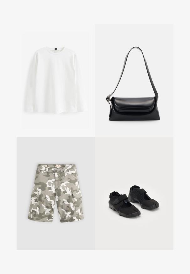 Fehér, hosszú ujjú póló, 100% pamutból készült. Kerek nyakkivágással, normál szabással rendelkezik, minimalista dizájnnal, minta vagy látható fémalkatrészek nélkül.; Levi's® BAGGY DAD CARGO SHORT - Farmer rövidnadrágok - bader camo agate gray; Fekete vízicipők rugalmas anyagból, tépőzárral, egyedülálló osztott orrdesignnal és texturált gumitalppal a tapadás érdekében.; Fekete bőr kézitáska, amelynek struktúrált formája, sima textúrája és egyetlen vállpántja van. Finom, lekerekített fedél kialakítással rendelkezik.