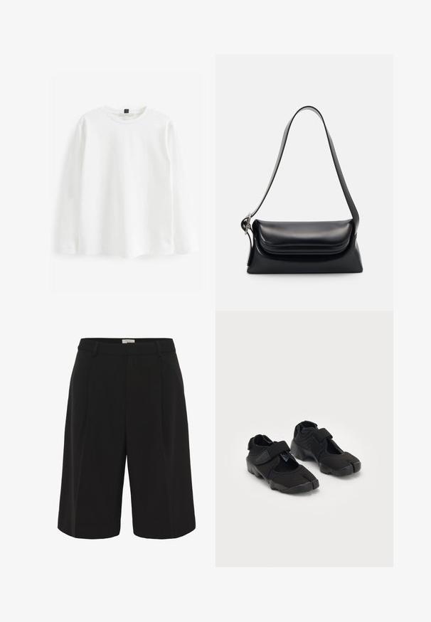 Tricou alb cu maneci lungi, realizat din bumbac. Prezintă un guler rotund, o croială obișnuită și un design minimalist fără modele sau trăsături vizibile.; Part Two KAIRAPW - Pantaloni scurți - black; Ciorapi de apă negri, confecționați dintr-un material flexibil, cu o curea Velcro, având un design unic cu degetul mare despărțit și o talpă din cauciuc texturată pentru aderență.; Geantă de mână din piele neagră cu o formă structurată, o textură netedă și o singură curea de umăr. Are un design subtil cu clapetă rotunjită.