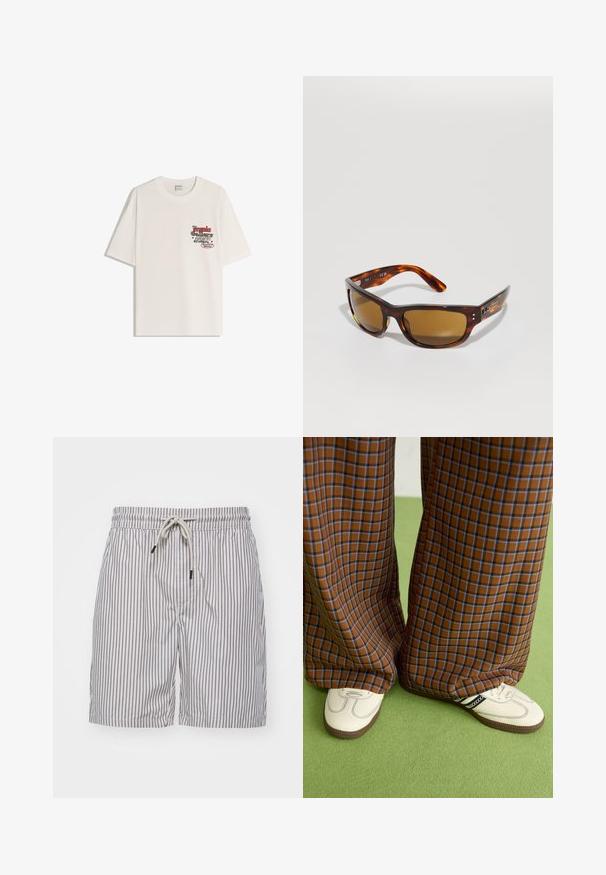Weiße Baumwoll-T-Shirt mit kurzen Ärmeln und rundem Ausschnitt. Verfügt über einen bedruckten Aufdruck in roten und schwarzen Schriftzügen im Bereich der linken Brust.; Gestreifte Badeshorts aus leichtem Stoff; mit blauen vertikalen Streifen, elastischem Bund mit Kordelzug und Seitentaschen.; Braun und blaue Karohosen mit weitem Bein, kombiniert mit weißen Schuhen mit schwarzen Akzenten und strukturierten Sohlen, vor einem grünen Hintergrund.; Schildpatt-Sonnenbrille mit braunen Gläsern. Schlanker rechteckiger Rahmen, glatte Textur, dezente Markenkennzeichnung an der Seite und gebogene Bügel für zusätzlichen Komfort.