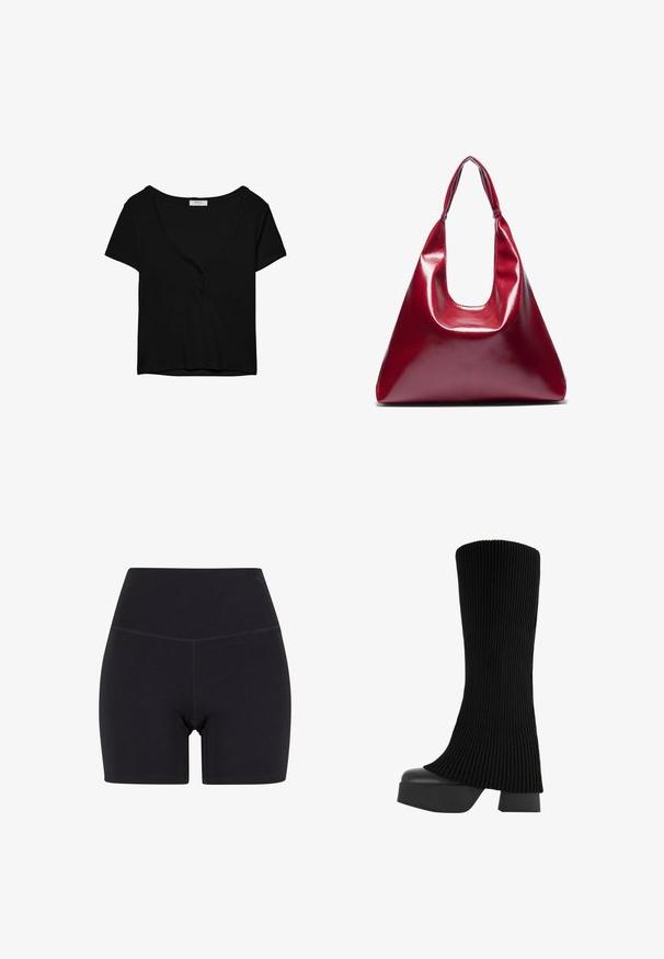 Musta lyhythihainen t-paita, jossa on V-pääntie ja kolme nappia. Valmistettu pehmeästä, joustavasta kankaasta. Yksinkertainen, klassinen muotoilu.; Mustat korkeavyötäröiset shortsit, jotka on valmistettu joustavasta kankaasta. Ominaisuuksiin kuuluvat joustava vyötärö, sileä pinta ja polven ylle ulottuva pituus saumatonta muotoilua.; Musta polvipitkä saapas, jossa on ribbikuvioitu kangasosa, paksu alusta ja blokki korko, joka on varustettu sileällä pinnalla ja tyylikkäällä, modernilla muotoilulla.; Punainen kiiltävä nahkakäsilaukku, jossa on kolmiomainen muoto, leveä yläaukko ja yksi kaareva kahva. Tasainen pinta, jossa on minimaalinen ommeltyyli.