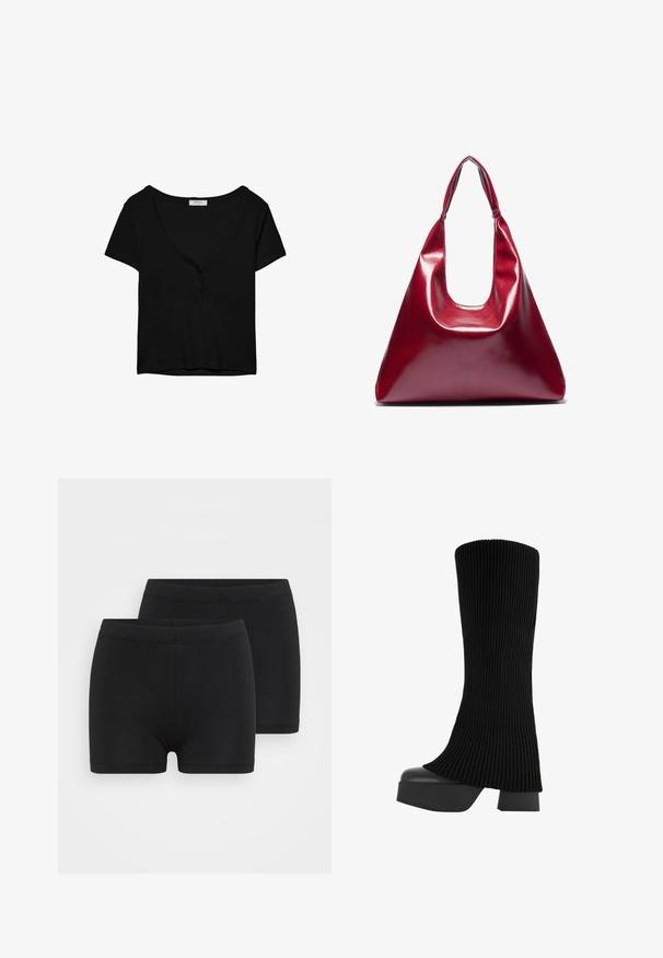 Schwarzes Kurzarm-T-Shirt mit V-Ausschnitt und Knopfleiste mit drei Knöpfen. Hergestellt aus weichem, elastischem Stoff. Einfaches, klassisches Design.; Schwarze Baumwollshorts mit einem elastischen Bund, die eine glatte Textur und ein einfaches, elegantes Design aufweisen. Das Set enthält zwei Paare.; Schwarze knielange Stiefel mit einem gerippten Stoffobermaterial, klobiger Plateausohle und Blockabsatz, ausgestattet mit einer glatten Textur und elegantem, modernem Design.; Rote glänzende Lederhandtasche mit dreieckiger Form, breiter Öffnung oben und einem geschwungenen Griff. Glatte Textur mit minimalen Nähdetails.