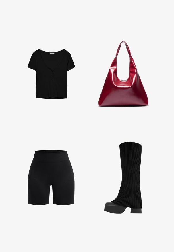 T-shirt nera a maniche corte con scollatura a V e patta con tre bottoni. Realizzata in tessuto morbido e elasticizzato. Design semplice e classico.; Pantaloni sportivi neri realizzati in tessuto elasticizzato, con una cintura larga a coste e una texture liscia, tagliati fino a metà coscia.; Stivale nero al ginocchio realizzato in tessuto a coste, con suola piatta chunky e tacco a blocco, caratterizzato da una texture liscia e da un design elegante e moderno.; Borsa a mano in pelle lucida rossa con forma triangolare, ampia apertura superiore e un manico curvo singolo. Texture liscia con dettagli di cucitura minimi.