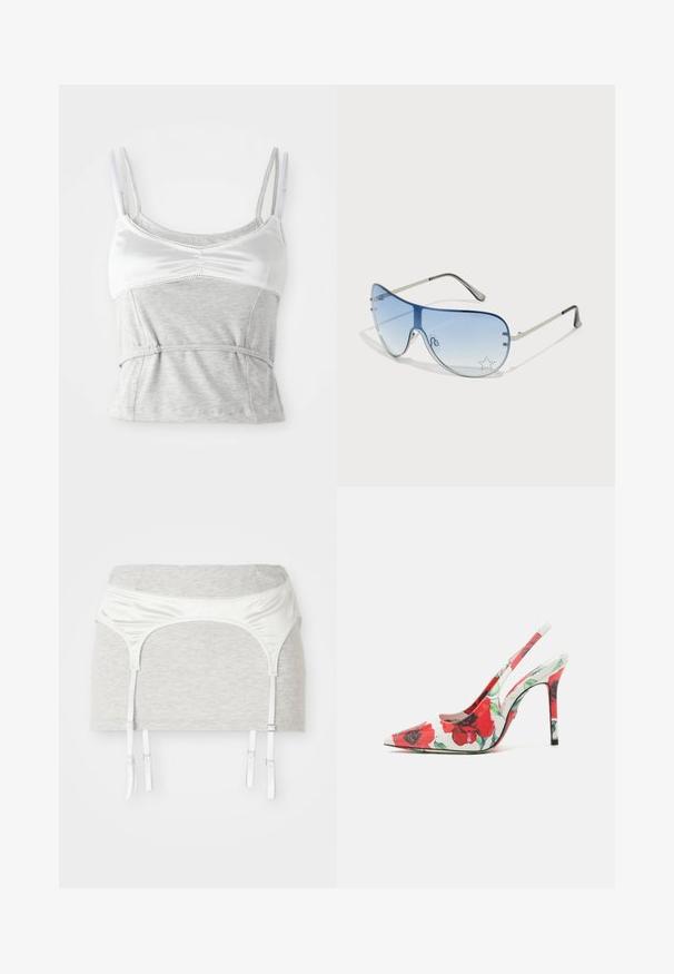 Camisole gris et blanc avec des bretelles réglables, présentant une section supérieur en satin et une section inférieure en coton texturé gris, cintrée à la taille.; Vêtement en tissu coton gris avec une ceinture en satin blanc et quatre rubans ajustables pour les bas. Texture lisse, design ajusté.; Chaussure à talon haut avec un bout pointu, surface blanche ornée d'un motif floral rouge et un talon élancé. Fini texturé.; Lunettes de soleil aviateur avec des verres dégradés bleus, une monture en métal argenté et des accents décoratifs en forme d'étoile sur les verres. Design lisse et élégant.