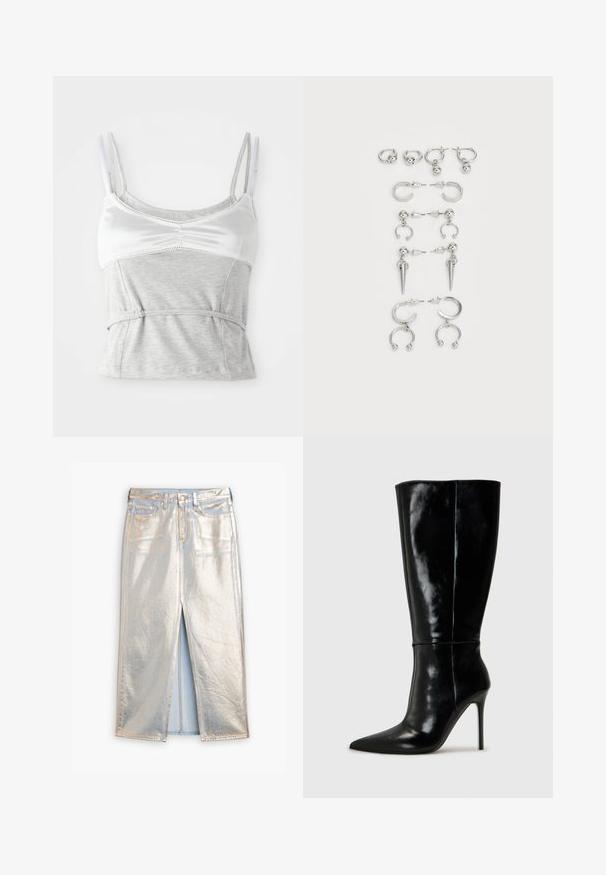 Pilkas ir baltas liemenėlė su reguliuojamomis petnešėlėmis, pasižyminti satino viršutine dalimi ir tekstūruota pilka medvilnės apatine dalimi, susiaurinta juosmens srityje.; Sidabrinė metalinė džinsinė sijonas su priekiniu plyšiu, dviem kišenėmis ir mygtuko uždarymu. Ypatumai: blizgi tekstūra ir kontrastingi mėlyni siūlai.; Juodos odinės iki kelių ilgio botai su smailiu nosiu ir aukštu stiletto kabliu. Lygi tekstūra ir stilingas dizainas, turintis minimalų detalizuotumą.; Sidabro auskarų rinkinys, kuriame yra įvairių dizainų: žiedai, studai ir kabančios stiliai, su rutuliukų akcentais ir smailiais elementais.