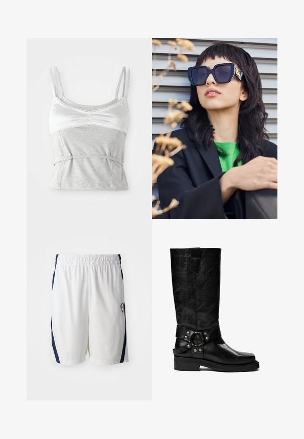 Gray and white camisole with adjustable straps, featuring a satin upper section and a textured gray cotton lower section, cinched at the waist.; White athletic shorts with a textured fabric, elastic waistband, and navy side accents. Features a small logo on the lower right side.; Pavement ANGELINA - Cowboy/Biker boots - black crinkle; Oversized black sunglasses with a thick frame and gold accent, worn with a black blazer and bright green shirt, against a horizontal backdrop.; Black synthetic leather handbag featuring a curved design, zippered front pocket, and decorative hardware with a detachable round coin pouch.