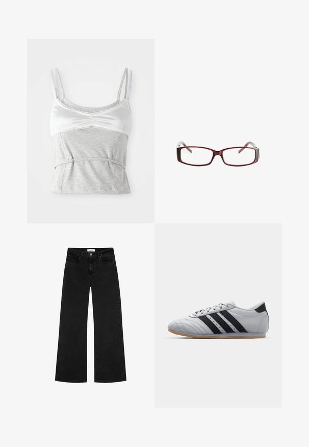 Grå och vit linne med justerbara axelband, som har en satin-överdel och en texturerad grå bomulls-nederdel, knäppt vid midjan.; Svarta högmidjade vida jeans med framfickor och myntfickor, knappstängning och bältesöglor.; Grå atletiska skor med en slät läderfinish, med tre svarta ränder, rund tå och gummisulor.; Röda rektangulära glasögon med en elegant design. Klara linser, något genomskinliga skalmar och en gradienteffekt från röd till grå.