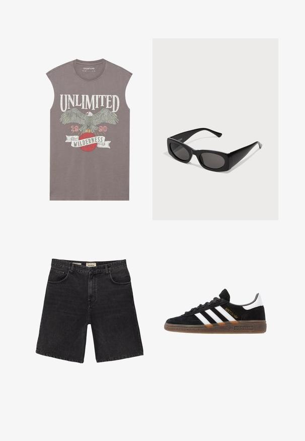 Šedé tílko bez rukávů s grafikou orla, textem "NEOMEZENÁ DIVOKOST" a designem červené zeměkoule. Měkká bavlněná látka s volným střihem.; Černé džíny šortky s klasickým střihem, nabízející pět kapsového stylu a zapínání na knoflík. Texturovaná látka, čistý vzhled a rovný lem.; Černé tenisky Adidas se bílými pruhy, zlatým textem "Spezial", gumovou podešví a bílou patní částí, zobrazené v bočním pohledu.; Černé sluneční brýle s obdélníkovým rámem, tmavými skly a texturovanými stranami. Vyznačují se elegantním, moderním designem a výraznými siluetami.