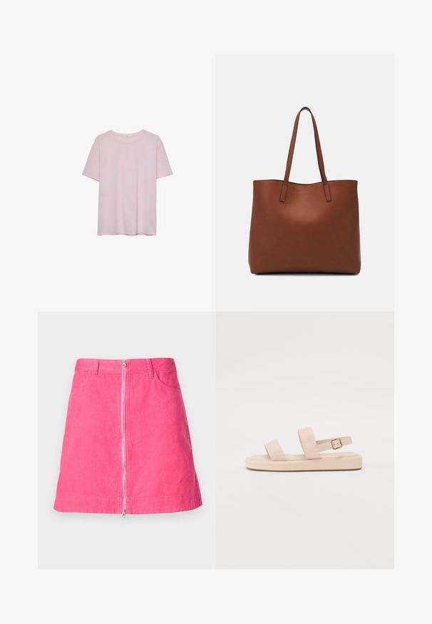 Světle růžové bavlněné tričko s krátkým rukávem, kulatým výstřihem a volným střihem. Hladká textura a jednoduchý design, bez dalších vzorů nebo akcentů.; Růžová kordová sukně s předním zipem, dvěma kapsami a jemnou ribbovanou texturou. Dokončené okraje a přiléhavý tvar.; Nude sandály se dvěma širokými pásky nahoře a nastavitelným páskem kolem kotníku. Plochá podešev s mírnou texturou. Detal s přezkou na pásku kolem kotníku.; Hnědá kožená taška přes rameno s hladkou texturou, otevřeným designem a dvěma ramenními popruhy. Obsahuje minimální švy a žádné viditelné kovové prvky.