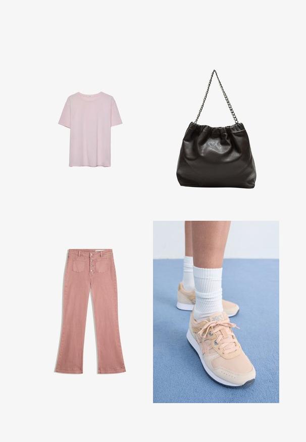 Ljusrosa bomulls-t-shirt med korta ärmar, rund halsringning och avslappnad passform. Slät textur och enkel design, inga ytterligare mönster eller detaljer.; Uttorkade rosa denimbyxor med en något blekt finish, med en femknapppassning och två framfickor.; Ljust persikofärgade sportskor med textilöverdrag, vit gummisula och snörningsdesign. I kombination med ribbade vita strumpor och placerade på en blå yta.; Brun läderväska med rynkad topp och kedjesnodd. Slät textur med en blankslipad yta och subtila sömdetaljer på sidorna.