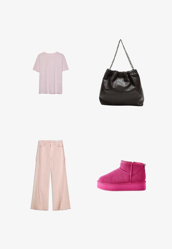 Ljusrosa bomulls-t-shirt med korta ärmar, rund halsringning och avslappnad passform. Slät textur och enkel design, inga ytterligare mönster eller detaljer.; Ljust rosa vida jeans med en texturerad finish, fransig fåll och design med fem fickor. Har en knappstängning och bältesslingor.; Next Vinterstövlar - pink; Brun läderväska med rynkad topp och kedjesnodd. Slät textur med en blankslipad yta och subtila sömdetaljer på sidorna.