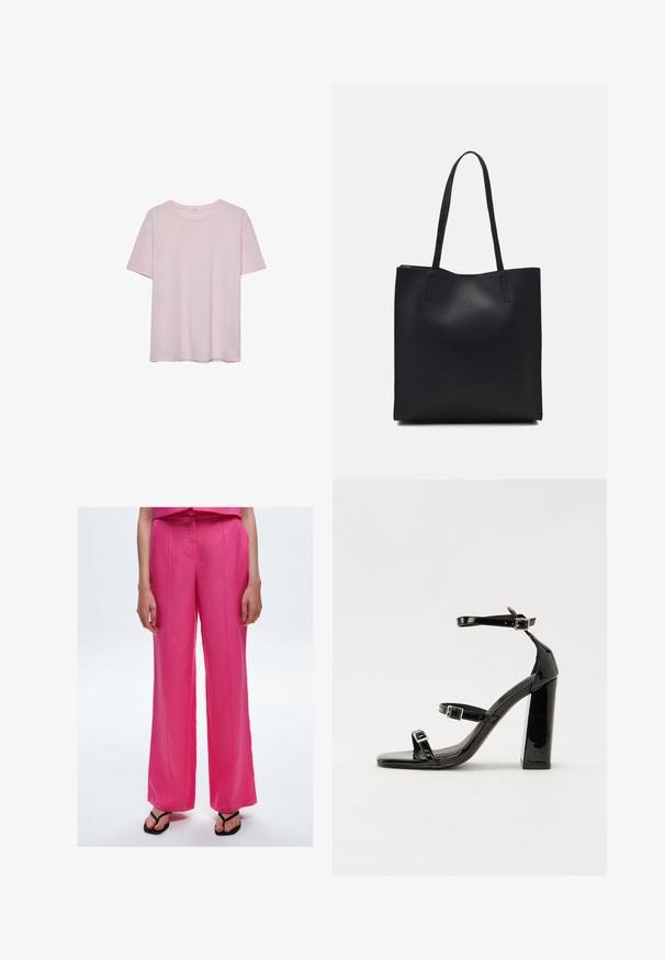 Světle růžové bavlněné tričko s krátkým rukávem, kulatým výstřihem a volným střihem. Hladká textura a jednoduchý design, bez dalších vzorů nebo akcentů.; Růžové široké kalhoty vyrobené z hladké tkaniny s centrálními sklady vpředu. Stylizované s černými žabkami viditelnými na kotníku.; Černé lakované sandály na podpatku se čtveratou špičkou, lýtkovými pásky a stříbrnými přezkami. Disponují masivním blokovým podpatkem pro stabilitu.; Černá kožená taška přes rameno s hladkým povrchem, obdélníkovým tvarem a dvěma dlouhými uchy. Žádné viditelné kování ani ozdoby.