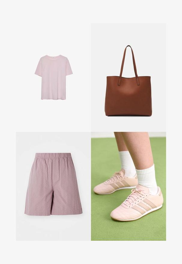 Light pink cotton t-shirt with short sleeves, round neckline, and a relaxed fit. Smooth texture and simple design, no additional patterns or accents.; Light pink shorts made of textured fabric with an elastic waistband and straight cut. Features a subtle pattern and clean hem.; Light pink athletic shoes with diagonal stitching, white soles, and three lateral stripes. Worn with ribbed white socks on green surface.; Brown leather tote bag with a smooth texture, open top design, and two shoulder straps. Features minimal stitching and no visible hardware.