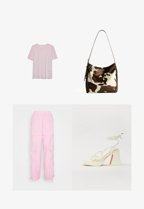 Světle růžové bavlněné tričko s krátkým rukávem, kulatým výstřihem a volným střihem. Hladká textura a jednoduchý design, bez dalších vzorů nebo akcentů.; Růžové cargo kalhoty s elastickým pasem, šňůrkovými manžetami a několika předními kapsami, vyrobené z lehké, strukturované látky.; Bílé sandály na vysokém podpatku s robustním podpatkem, s designem s pásky a zavazováním kolem kotníku. Hladký povrch s platformou vpředu pro zvýšení výšky.; Hnědá a krémová kravská kůže ramenní taška s hladkým koženým popruhem, zipovým uzavřením a jemným, texturovaným povrchem s přírodním vzorem.