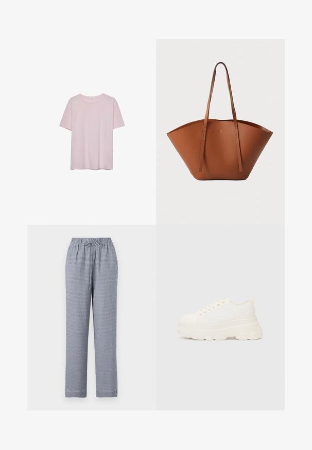 Svijetlo ružičasta pamučna majica kratkih rukava, s okruglim izrezom i opuštenim krojem. Glatka tekstura i jednostavan dizajn, bez dodatnih uzoraka ili akcenta.; Karirane plave i bijele hlače s elastičnom gumom u struku i vezicom, s ravnim krojem i laganom tkaninom.; Bijela platnena tenisica s debelim potplatom, zaobljenim vrhom i pet rupica za vezice. Stražnji tab za jednostavno obuvanje. Glatka tekstura, minimalistički dizajn.; Smeđa kožna torba za nošenje s širokim, strukturiranim oblikom, tankim ručkama i teksturiranom površinom. Ima minimalistički dizajn bez vidljivih dijelova metalne opreme.