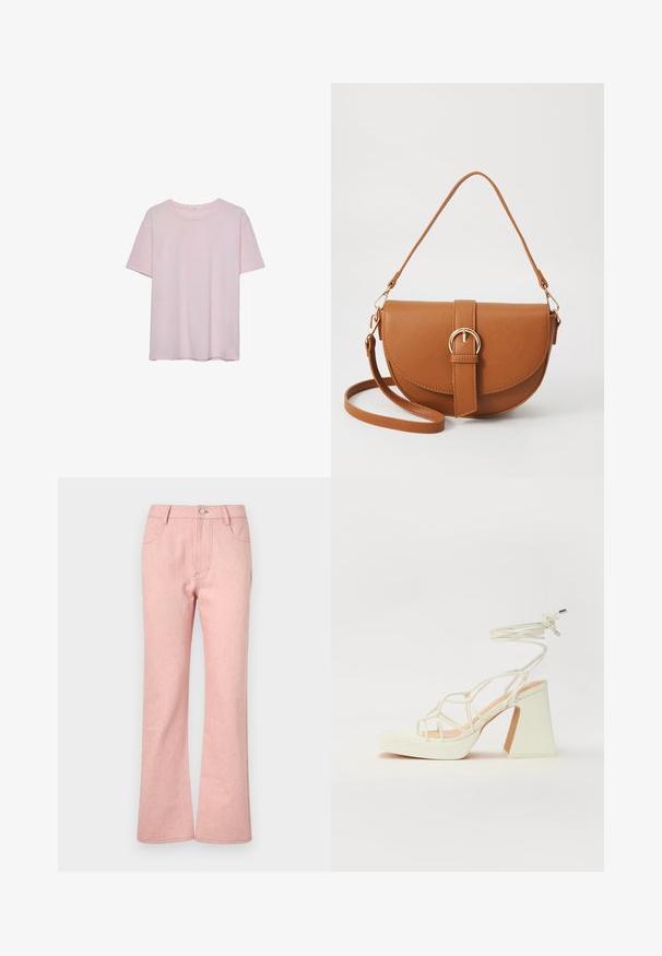 Svetlo roza bombažna majica s kratkimi rokavi, okroglim ovratnikom in sproščenim krojem. Gladka tekstura in preprost dizajn, brez dodatnih vzorcev ali akcentov.; Rožnate flare kavbojke z petimi žepi, gumbom za zapiranje in teksturirano blago, ki vsebuje subtilne večbarvne pike po celotni površini.; Bela sandala na visokih petah s debelim petam, ki ima obliko trakcev in vezanje okoli gležnja. Gladka tekstura z platformo spredaj za dodatno višino.; Rjava usnjena torbica prek telesa s ukrivljeno obliko, zlate opreme in sponko. Ima odstranljiv naramni trak.