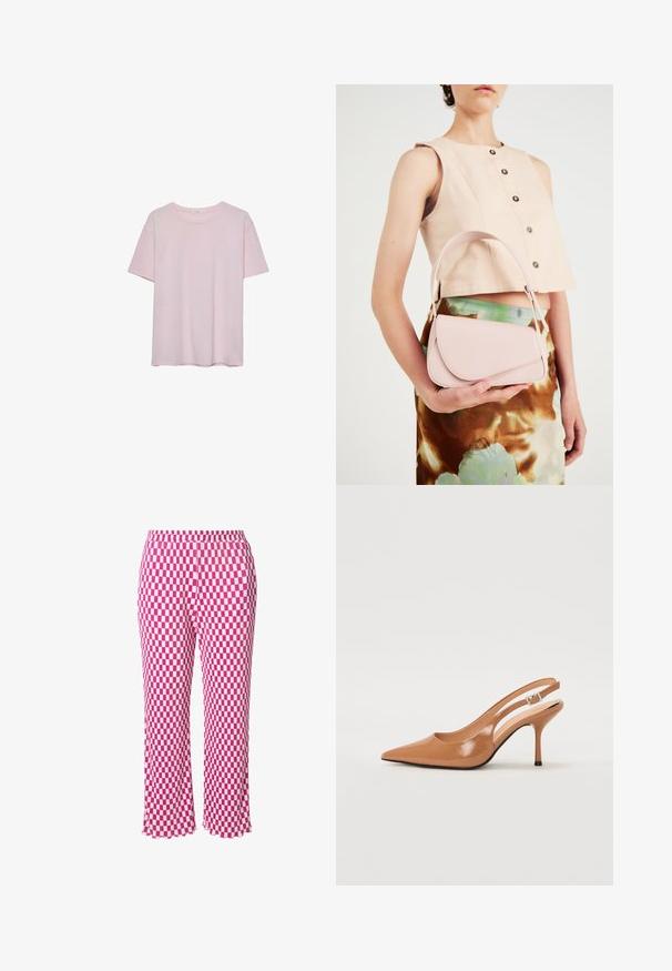 Jasnoróżowa bawełniana koszulka z krótkim rękawem, okrągłym dekoltem i luźnym krojem. Gładka faktura i prosty design, bez dodatkowych wzorów czy akcentów.; Różowo-białe, w kratkę spodnie z elastycznym pasem, w długości 7/8 i lekko falbaniastym wykończeniem. Wykonane z lekkiej, prążkowanej tkaniny.; Sandały na obcasie z kwadratowym noskiem, wykonane z gładkiego, błyszczącego materiału w kolorze brązowym. Charakteryzują się zaokrąglonym wycięciem i smukłym obcasem typu stiletto. Detal w postaci srebrnej klamry.; Różowa skórzana torebka z zakrzywioną klapą, pojedynczym paskiem na ramię i prostymi liniami. Torebka charakteryzuje się gładką teksturą i minimalistycznym designem.