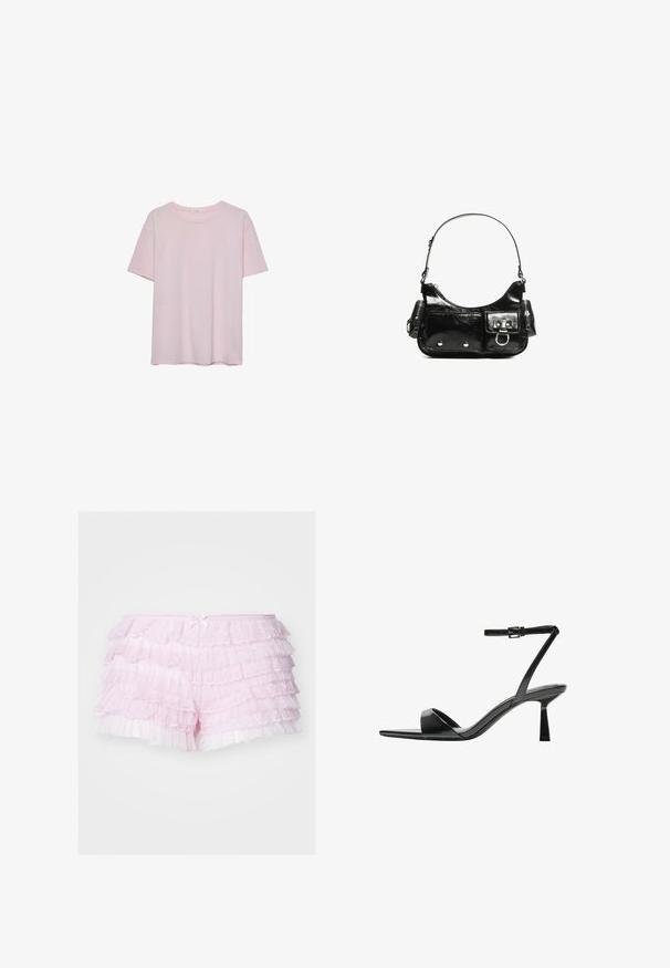 Helles rosa Baumwoll-T-Shirt mit kurzen Ärmeln, rundem Halsausschnitt und lässiger Passform. Glatte Textur und einfaches Design, keine zusätzlichen Muster oder Akzente.; Rosa Rüschenshorts mit mehreren Lagen Spitze, mit einer weichen Satin-Schleife an der Taille und einem durchsichtigen, strukturierten Finish.; Bershka High Heel Sandalette - black; Schwarze Lackleder-Handtasche mit geschwungenem Design, einem Schulterriemen, Vordertaschen und silberfarbenen Hardware-Akzenten.