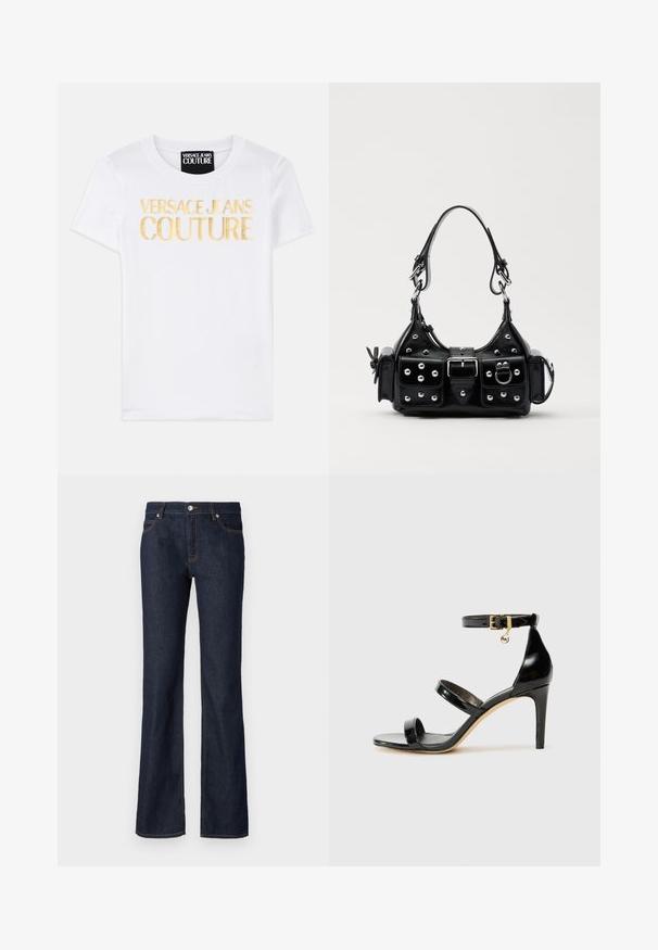 T-shirt en coton blanc avec un texte doré audacieux "VERSACE JEANS COUTURE" sur le devant. Design classique à col ras du cou, manches courtes.; Jean en denim bleu foncé avec une coupe évasée, design à cinq poches et surpiqûres orange contrastantes le long des coutures et des poches.; Sandale en cuir verni noir avec trois brides, boucle de cheville et talon aiguille de 10 cm. Présente un détail en métal doré et un charm logo.; Sac à main en cuir noir au design courbé, avec des clous en argent, une boucle et deux poches latérales. Bandoulière réglable pour différentes options de transport.