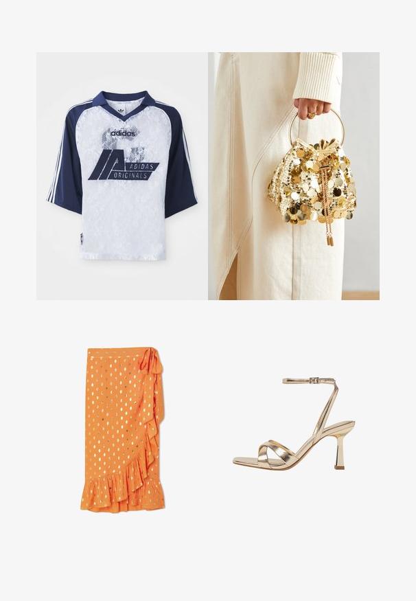 Adidas Originals Trikot mit kurzen blauen Ärmeln, weißem Körper aus Spitze und großem Logo. Verfügt über einen Kragen und Akzente in Form von drei Streifen.; Oranger Wickelrock mit goldenen Punkten, Rüschensaum und seitlichem Bindeband. Hergestellt aus leichtem Stoff, mit glatter Textur.; Goldene, metallische High-Heelsandale mit einer Kriss-Kross-Riemen-Design, Fesselriemen mit Schnalle und einem glänzenden Blockabsatz. Quadratische Zehenform.; Goldfarbene Drawstring-Handtasche mit einem runden Griff, verziert mit glänzenden runden Pailletten und einem strukturierten Stoff. Abmessungen sind nicht angegeben.