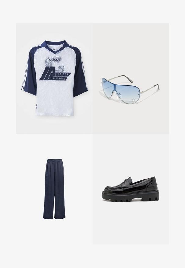 Adidas Originals marškiniai su trumpomis tamsiai mėlynomis rankovėmis, balta nėriniuota kūno dalimi ir dideliu logotipu. Yra apykaklė ir trys juostelės akcentai.; Kariniai plačiakraščiai džinsai, pagaminti iš lygaus audinio, su elastinga juosmens juosta ir be matomų elementų. Jie pasižymi laisvu siluetu ir pilno ilgio dizainu.; Juodos lakinės odos loafer'iai su storo juodo gumos padu, turintys dekoratyvią juostą viršuje ir siuvinėjimo detalių.; Aviatoriai akiniai su gradientiniais mėlynais objektyvais, sidabriniu metaliniu rėmu ir dekoratyvinėmis žvaigždžių akcentais ant objektyvų. Lygaus ir stilingo dizaino.