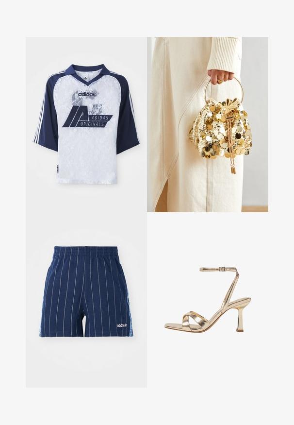 Jersey Adidas Originals s krátkými tmavě modrými rukávy, bílým korpusem a velkým logem. Obsahuje límeček a akcenty ve tvaru tří pruhů.; Námořnické modré šortky s bílými proužky, elastickým pasem a logem Adidas. Mají modré akcenty po stranách a jsou vyrobeny ze směsi bavlny.; Zlaté metalické sandály na vysokém podpatku s designem křížového pásku, páskem kolem kotníku s přezkou a lesklým blokovým podpatkem. Čtvercový tvar špičky.; Zlatá taška se šňůrkou a kruhovou rukojetí, pokrytá lesklými kulatými flitry a texturovanou tkaninou. Rozměry nejsou uvedeny.