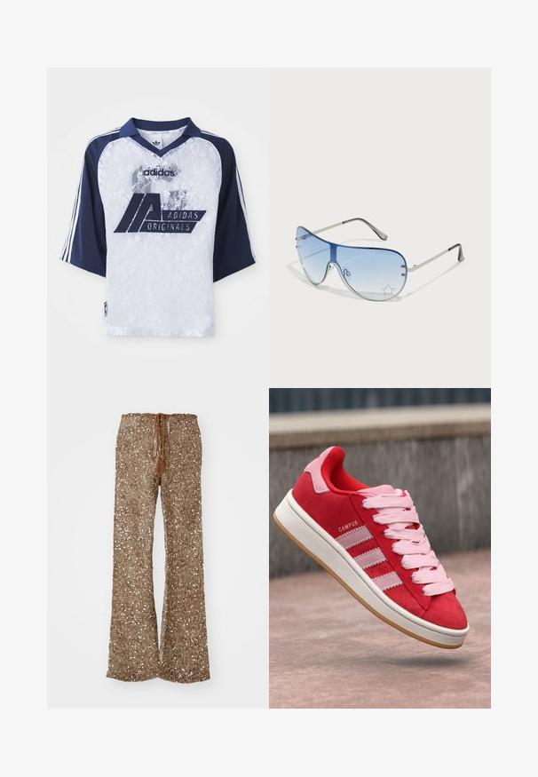 Adidas Originals krekls ar īsām tumši zilām piedurknēm, baltu mežģīņu korpusu un lielu logo. Iezīmējas ar apkakli un trim svītrām.; Brūnas izplestas bikses, izgatavotas no strukturētas auduma ar sudraba spīdošām pērlītēm, ar pārvalkājamām jostām un šnoreēm, kas ļauj regulēt izmēru.; Sarkanie zamšas sporta apavi ar rozā akcentiem, tiem ir trīs baltas svītras un gaiši rozā auklas. Balta starpsole un gumijas zole.; Pilotstila saulesbrilles ar gradienta zilām lēcām, sudraba metāla rāmjiem un dekoratīvām zvaigžņu akcentiem uz lēcām. Gluda un eleganta dizaina.