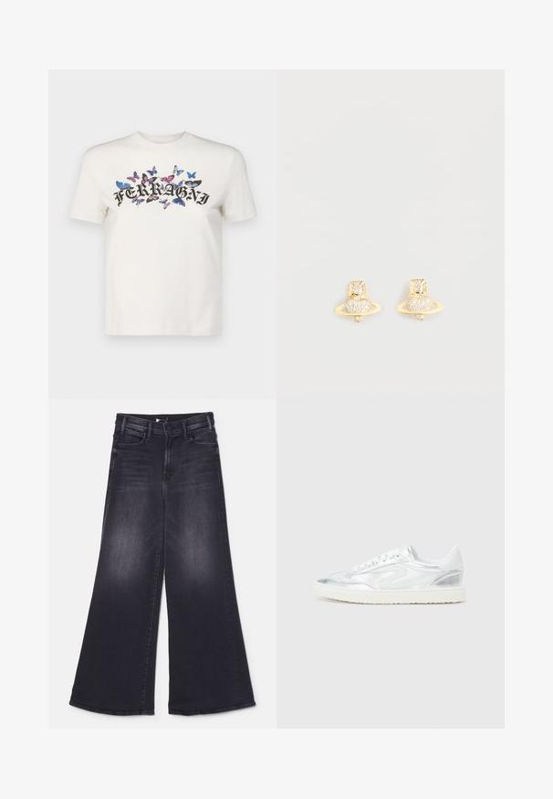 Hvid bomulds t-shirt med korte ærmer, der har et sort trykt "FERRAGNI" logo omgivet af farverige sommerfugledesign.; Mother LIL HUSTLER ROLLER SNEAK - Wide leg - not today satan; Hvide sneakers med metalliske sølv detaljer, glat tekstur, rund tå, flad sål og traditionelt snørebåndsdesign.; Guldtonede studs med et Saturn-design, der har et struktureret bånd og indlagte, cirkulære krystaller for ekstra glans.