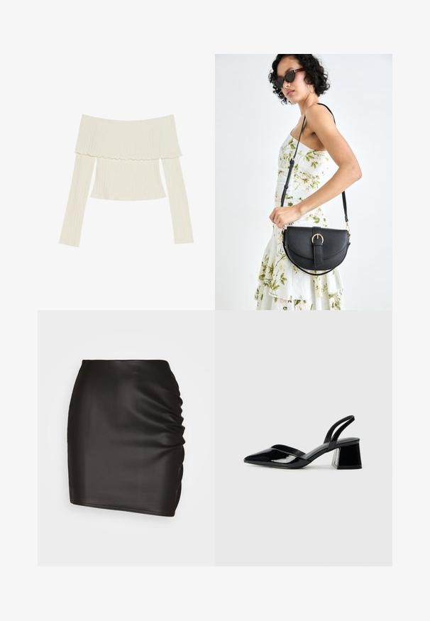 Off-the-shoulder ribbed top in cream color, featuring a ruffled neckline and long sleeves with a fitted silhouette. Overall smooth texture.; Black mini skirt made of smooth synthetic material, featuring ruched detailing on one side and a fitted silhouette.; Black patent leather slingback heels with a pointed toe and a geometric block heel. Features a sleek, minimal design and smooth texture.; Black leather handbag with a curved shape, detachable strap, and gold hardware. The bag features a flap with a buckle detail.