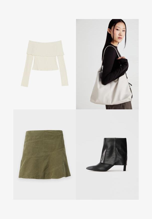 Kreminės spalvos viršutinė dalis be petnešėlių, su raukiniais aplink iškirptę ir ilgomis rankovėmis, turinti prigludusią siluetą. Bendrai lygi tekstūra.; Alyvuogių žalios spalvos šonkaidžio sijonas su platėjimo formos, pasižymintis įstrižomis siūlėmis ir subtilia tekstūra. Vidutinio ilgio dizainas be matomų užsegimų.; Juodas odinis vidutinio aukščio batai su smailiu pirštu, sulenkta viršutine dalimi ir plonu žemu kulnu, stovintys ant balto fono.; Bežinė rankinė, pagaminta iš minkštos medžiagos, turinti laisvą dizainą, siuvinėtas detalės ir dvi petnešos. Tinkama kasdieniam naudojimui.