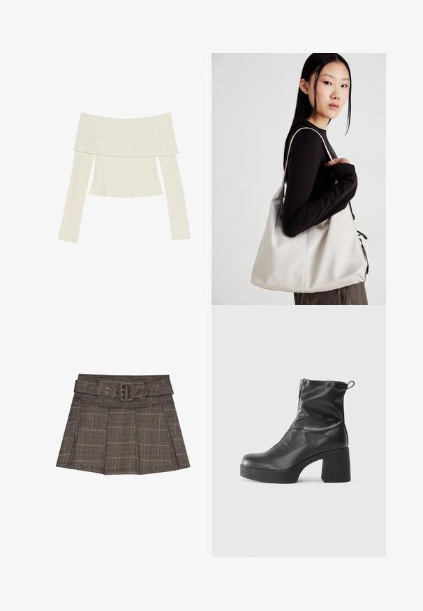 Rękawowa bluzka w kolorze kremowym, odsłaniająca ramiona, z falbaniastym dekoltem i długimi rękawami oraz dopasowanym krojem. Ogólnie gładka tekstura.; Spódniczka mini w kratkę w kolorach czarnym, brązowym i beżowym. Posiada paskiem w talii, zakładki oraz teksturowany materiał z geometrycznym wzorem.; Czarne botki za kostkę wykonane z gładkiej skóry, wyposażone w boczny zamek błyskawiczny, masywny teksturowany obcas oraz zaokrąglony czubek.; Beżowa torebka wykonana z miękkiego materiału, charakteryzująca się luźnym fasonem, wyszywanymi detalami i dwoma uchwytami na ramię. Idealna na co dzień.