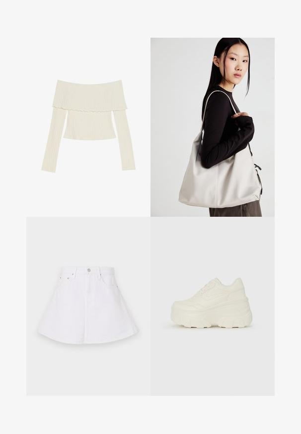 Kremkrāsas off-the-shoulder ribota blūze ar viļņainu kakla izgriezumu un garām piedurknēm, kas akcentē pieguļošu siluetu. Kopumā gluda tekstūra.; Balta džinsa svārki ar izplestu dizainu, ar pieguļošu jostu, piecām kabatām un pogu aizdari priekšpusē. Gluda tekstūra.; Baltie platformas sporta apavi, kas izgatavoti no gludas mākslīgās ādas, ar noapaļotu formu, mīkstu apkakli un teksturētu gumijas zoli ar izteiktiem rakstiem.; Bežs rokassoma, izgatavota no mīksta materiāla, ar brīvu dizainu, izšūtu apdari un divām plecu siksnām. Piemērota ikdienas lietošanai.