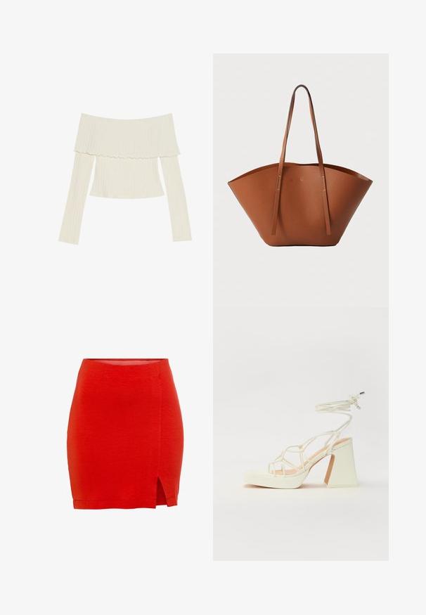 Off-shoulder ribbad topp i krämfärg, med en volangkant i halsen och långa ärmar med en figurnära silhuett. Allt är i en jämn textur.; Röd stickad kjol med en figurnära design, med en sidoklyvning och en fåll som sitter strax ovanför låret. Slät textur, enkel konstruktion.; Vit högklackad sandal med en kraftig klack, med ett remdesign och ankelband. Slät textur med en plattform framtill för ökad höjd.; Brun läder tote-väska med en bred, strukturerad form, tunna handtag och en texturerad yta. Den har en minimalistisk design utan synlig hårdvara.
