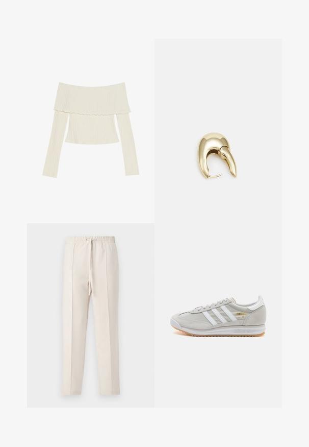 Off-the-shoulder ribbed top in cream color, featuring a ruffled neckline and long sleeves with a fitted silhouette. Overall smooth texture.; Beige jogger pants with an elastic waistband and drawstring, featuring a smooth texture and two front pleats for a tailored appearance.; Light grey sneaker made of suede and mesh, featuring three white stripes, round toe, and a gum rubber sole. Gold logo accent near laces.; Gold-tone metal earring with a sleek, curved design. Features a distinctive pointed shape, polished surface, and hinge closure.