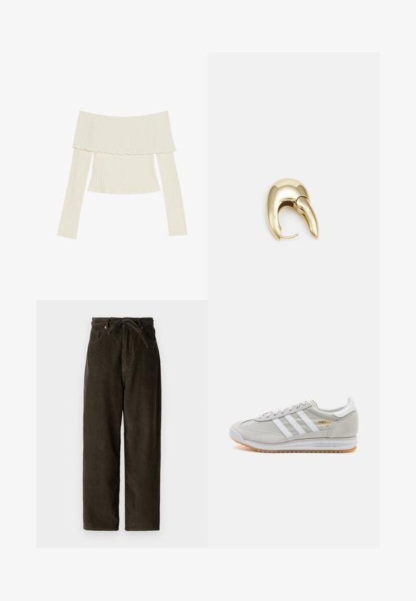 Top de canalé de color crema, con escote off-the-shoulder, cuello con volantes y mangas largas en una silueta ajustada. Textura general suave.; Pantalones de pana verde oscuro con pierna ancha, cinturilla con cordón, dos bolsillos delanteros y una tela suave y texturizada.; Zapatilla de color gris claro hecha de ante y malla, con tres franjas blancas, punta redonda y suela de goma. Acento en logo dorado cerca de los cordones.; Pendiente de metal en tono dorado con un diseño elegante y curvado. Presenta una forma puntiaguda distintiva, superficie pulida y cierre de bisagra.