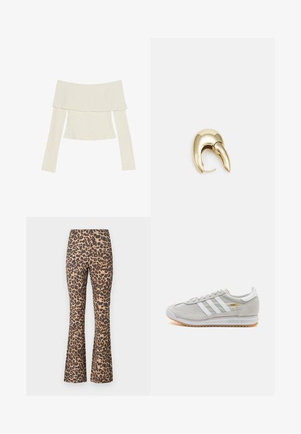 Valkoinen off-the-shoulder ribbipaita, jossa on rypytetty kaula-aukko ja pitkät hihat, jotka muotoilevat ykköskokoa. Yhteensä sileä rakenne.; Leopardi-kuosiset leveälahkeiset housut ruskeassa ja vaaleanruskeassa. Pehmeä kangas, jossa on hieman teksturoitu pinta. Korkea vyötärö ja tiukka siluetti koko matkalta.; Vaaleanharmaat sneakerit, jotka on valmistettu mokasta ja verkosta, sisältäen kolme valkoista raitaa, pyöreän kärjen ja kumisen pohjan. Kultainen logo yksityiskohta nauhojen läheisyydessä.; Kultahipuinen korvakoru, jossa on sulavalinjainen, kaareva muotoilu. Ominaisuuksiin kuuluu erottuva terävä muoto, kiillotettu pinta ja sarana kiinnitys.