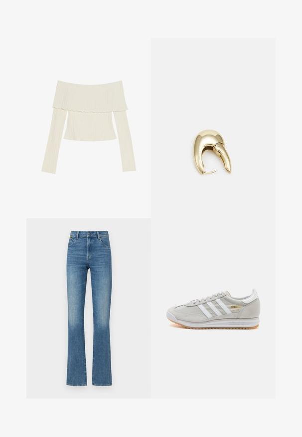 Kreemivärvi õlavarrelt avatud ribatop, millel on volangiga kaelus ja pikad varrukad, millel on eriline fookus figuuri tõttu. Üldiselt sile tekstuur.; Laiendatud sinised denim teksad, millel on veidi pleekinud tekstuur, viis taskut ja nupuga sulgur talje juures. Kulutatud detailid alumistes servades.; Heled hallid tossud, mis on valmistatud nubukist ja võrgust, millel on kolm valget triipu, ümmargune varvas ja kummist tald. Kuldne logoelement paelte lähedal.; Kuldtooni metallist kõrvarõngas, millel on elegantne ja kaarjas disain. Omab silmapaistvat teravat kuju, poleeritud pinda ja hingesulgemist.