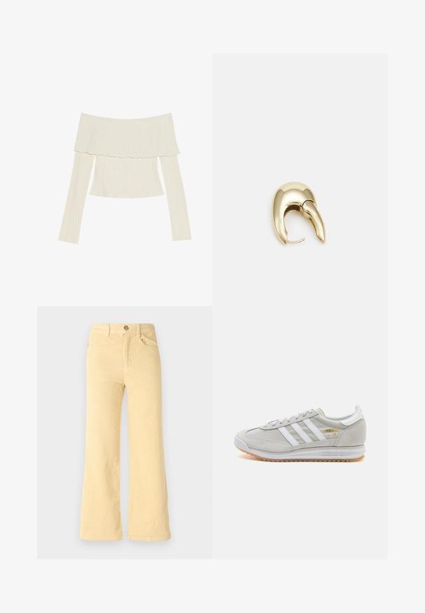 Off-the-shoulder ribbed top in cream color, featuring a ruffled neckline and long sleeves with a fitted silhouette. Overall smooth texture.; Yellow corduroy flared trousers with a ribbed texture, featuring five pockets and a front button closure.; Light grey sneaker made of suede and mesh, featuring three white stripes, round toe, and a gum rubber sole. Gold logo accent near laces.; Gold-tone metal earring with a sleek, curved design. Features a distinctive pointed shape, polished surface, and hinge closure.