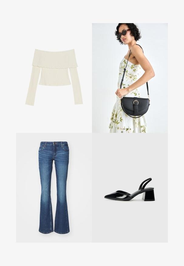 Top en crème à bretelles dénudées, présentant un col à volants et des manches longues avec une silhouette ajustée. Texture globale lisse.; Jean évasé en denim bleu moyen. Dispose d'une fermeture éclair avec un bouton en métal, de deux poches avant et de détails décolorés près des genoux.; Escarpins en cuir verni noir avec bout pointu et talon bloc géométrique. Présente un design élégant et minimaliste ainsi qu'une texture lisse.; Sac à main en cuir noir avec une forme courbée, bandoulière amovible et des accessoires en or. Le sac est doté d'un rabat avec un détail de boucle.