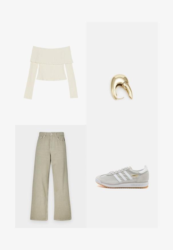 Avslag på skuldrene ribbet topp i kremfarge, med en volang-hals og lange ermer som har en tettsittende silhuett. Generelt glatt tekstur.; Kaki vide benbukser laget av bomullblanding. Har en knappelukking, fem lommer, og en ren, teksturert stofffinish.; Lys grå sneaker laget av semsket skinn og mesh, med tre hvite striper, rund tå og såle av gummi. Gull logo-aksent nær snørebåndene.; Gullfarget metalløredobber med et elegant, buet design. Har en karakteristisk spiss form, polert overflate og hengsel-lukking.
