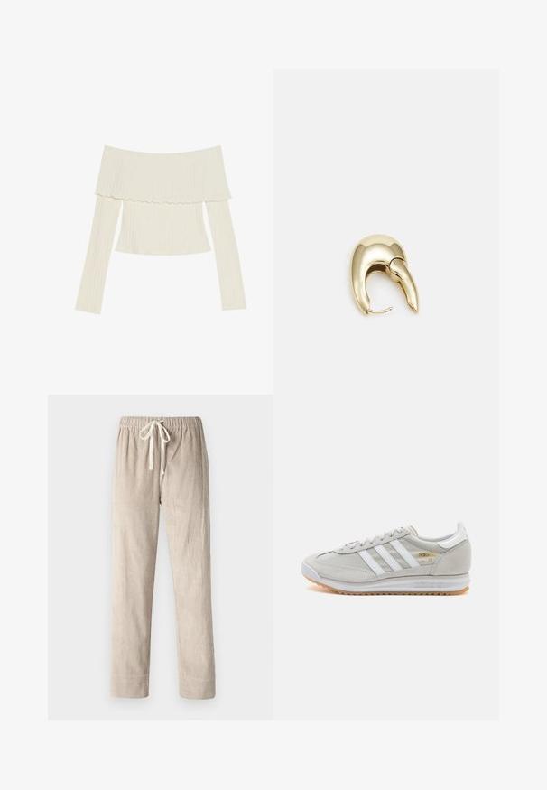 Off-the-shoulder ribbed top in cream color, featuring a ruffled neckline and long sleeves with a fitted silhouette. Overall smooth texture.; Beige corduroy pants with a straight-leg design, featuring an elastic waistband and adjustable drawstring, smooth texture with vertical ribbing.; Light grey sneaker made of suede and mesh, featuring three white stripes, round toe, and a gum rubber sole. Gold logo accent near laces.; Gold-tone metal earring with a sleek, curved design. Features a distinctive pointed shape, polished surface, and hinge closure.