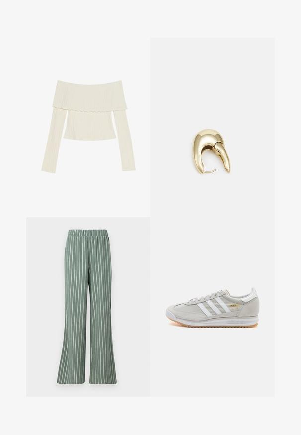Avslag på skuldrene ribbet topp i kremfarge, med en volang-hals og lange ermer som har en tettsittende silhuett. Generelt glatt tekstur.; Lysegrønne, ribbede bukser i stoffet med hvite vertikale striper. Har en elastisk linning og et bredt ben-design.; Lys grå sneaker laget av semsket skinn og mesh, med tre hvite striper, rund tå og såle av gummi. Gull logo-aksent nær snørebåndene.; Gullfarget metalløredobber med et elegant, buet design. Har en karakteristisk spiss form, polert overflate og hengsel-lukking.