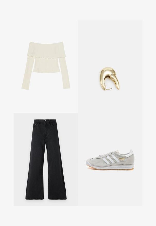 Top z rašeljimi rokavi v kremni barvi, ki ima nagubano ovratnico in dolge rokave ter usklajen silhuet. Splošna gladka tekstura.; Črne široke jeans hlače iz teksturirane denima, z gumbom za zapiranje, zanke za pas in sprednjimi žepi. Gladek zaključek z ohlapnim krojem.; Svetlo sivi tenisice od antilopa i mrežaste tkanine, s tri bijele pruge, okruglim vrhom i gumenim potplatom. Zlatni logo akcent blizu vezica.; Uhane nakit iz zlatastega tona z gladko, ukrivljeno zasnovo. Ima edinstveno koničasto obliko, polirano površino in zaponko s tečajem.