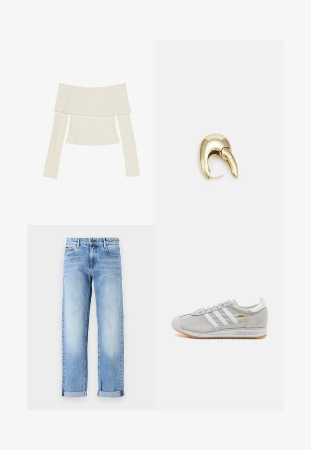 Top bez ramen v krémové barvě s rozšířeným výstřihem a dlouhými rukávy, které mají přiléhavý střih. Celkově hladká textura.; Světle modré džíny z džínoviny s ohrnutými nohavicemi, předním knoflíkem a zipem, a klasickým pětipocket designem na bílém pozadí.; Světlé šedé tenisky vyrobené z semiše a síťoviny, se třemi bílými pruhy, kulatou špičkou a gumovou podrážkou. Zlatý logo akcent u šněrování.; Náušnice ve zlatém tónu z kovu s elegantním zakřiveným designem. Vyznačují se jedinečným špičatým tvarem, lesklým povrchem a závěsem na kloub.