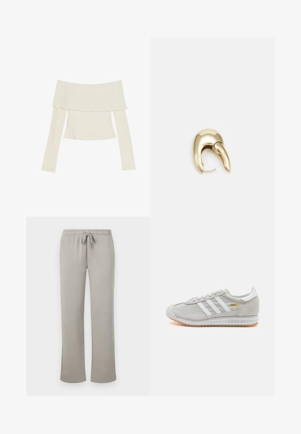 Top de canalé de color crema, con escote off-the-shoulder, cuello con volantes y mangas largas en una silueta ajustada. Textura general suave.; Pantalones de chándal gris claro fabricados en una suave mezcla de algodón, con una cinturilla elástica y cordón ajustable, y piernas rectas.; Zapatilla de color gris claro hecha de ante y malla, con tres franjas blancas, punta redonda y suela de goma. Acento en logo dorado cerca de los cordones.; Pendiente de metal en tono dorado con un diseño elegante y curvado. Presenta una forma puntiaguda distintiva, superficie pulida y cierre de bisagra.