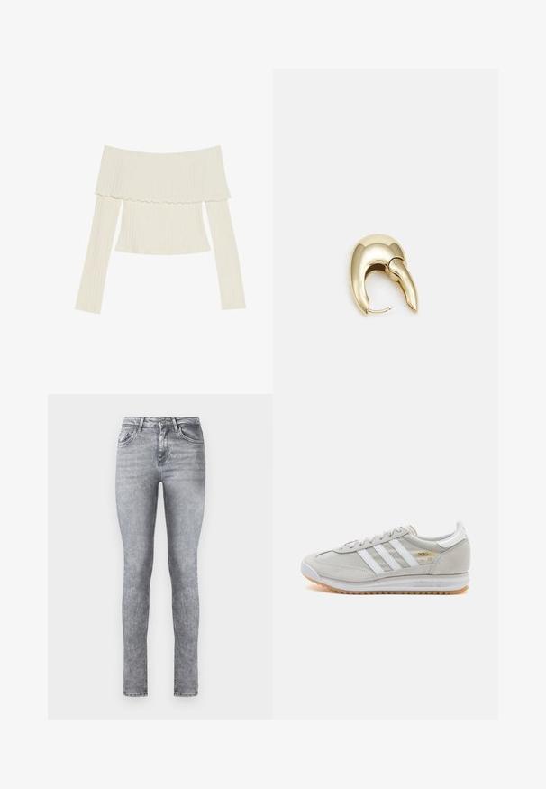 Kreemivärvi õlavarrelt avatud ribatop, millel on volangiga kaelus ja pikad varrukad, millel on eriline fookus figuuri tõttu. Üldiselt sile tekstuur.; Hallide denim skinny teksad kõrge vöökohaga, viie taskuga ja kerge pleekimisega. Varustatud lukuga ja nööbiga sulgumisega.; Heled hallid tossud, mis on valmistatud nubukist ja võrgust, millel on kolm valget triipu, ümmargune varvas ja kummist tald. Kuldne logoelement paelte lähedal.; Kuldtooni metallist kõrvarõngas, millel on elegantne ja kaarjas disain. Omab silmapaistvat teravat kuju, poleeritud pinda ja hingesulgemist.