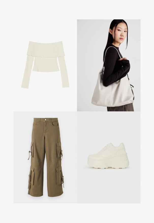 Valkoinen off-the-shoulder ribbipaita, jossa on rypytetty kaula-aukko ja pitkät hihat, jotka muotoilevat ykköskokoa. Yhteensä sileä rakenne.; Vihreät puuvillaiset cargo-housut. Ominaisuudet: useita sivutaskuja, säädettävät narut ja löysä istuvuus. Pehmeä tekstuuri ja ommellut yksityiskohdat.; Valkoiset tasapohjakengät, joissa on sileä nahkamainen päällinen, pyöristetty muoto, pehmustettu nilkkaosa ja texturoitu kumipohja, jossa on hyvin määritellyt urat.; Beige laukku, joka on valmistettu pehmeästä materiaalista, ja siinä on rento muotoilu, ommeltu yksityiskohtia ja kaksi olkahihnaa. Sopii päivittäiseen käyttöön.