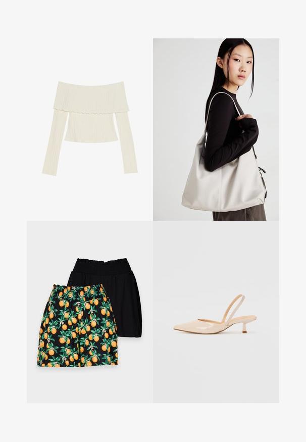 Krémový priliehavý top bez ramienok s riaseným výstrihom a dlhými rukávmi, ktorý má priliehavý strih. Celkový hladký povrch.; Čierne a vzorované šortky; čierne s hladkou textúrou, oranžové s vzorom, na ktorých sú zelené listy a jasne oranžové ovocie.; Bežové lakované sandále na podpätku so špicatou špičkou a štíhlym, štvorcovým podpätkom. Hladká textúra a minimalistický dizajn bez ozdôb.; Béžová kabelka vyrobená z mäkkého materiálu, s uvoľneným dizajnom, prišitými detailmi a dvoma popruhmi na nosenie na pleciach. Vhodná na každodenné nosenie.