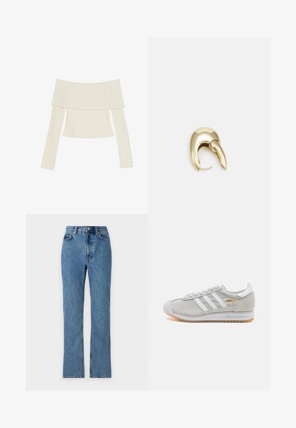 Off-the-shoulder ribbet top i cremefarve, med en flæset halsudskæring og lange ærmer med en tætsiddende silhuet. Overordnet glat tekstur.; Lyseblå denim jeans med høj talje, lige ben og et klassisk fem-lomme design. Har metalknap og nitter.; Lys grå sneaker lavet af ruskind og mesh, med tre hvide striber, rund tå og en sål af gummirubber. Guld logo detalje nær snørebåndene.; Guldtonet metal ørering med et slankt, buet design. Har en karakteristisk spids form, poleret overflade og hængselåbning.