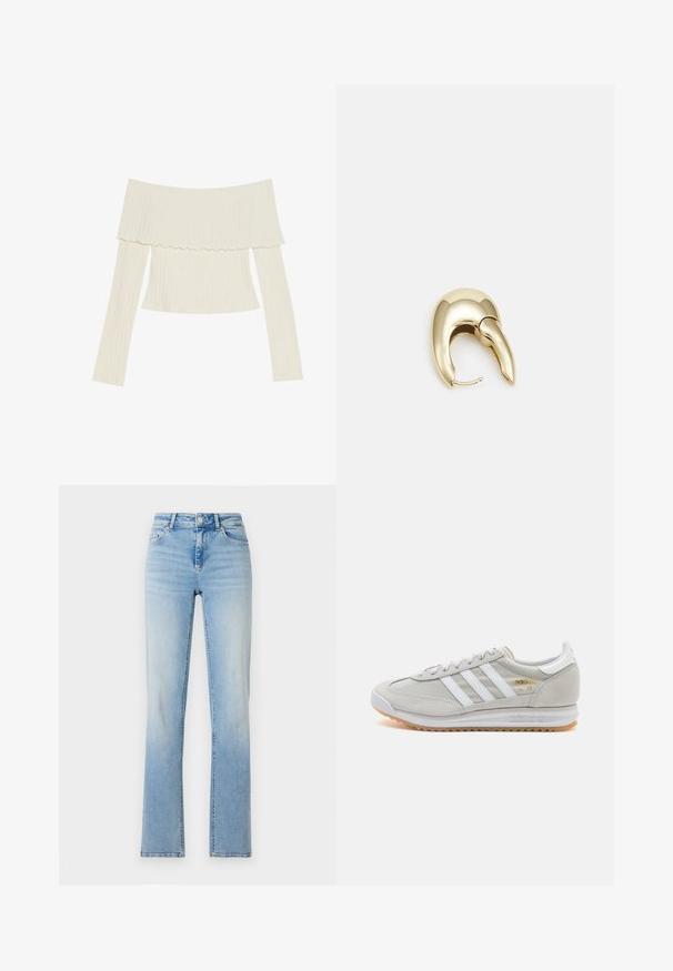 Kremkrāsas off-the-shoulder ribota blūze ar viļņainu kakla izgriezumu un garām piedurknēm, kas akcentē pieguļošu siluetu. Kopumā gluda tekstūra.; Gai zilgani džinsi ar augsto vidukli, taisnu kāju piegriezumu un vieglu nolietojumu. Iespējotas piecas kabatas un jostas cilpas.; Gaišpelēka kedas, izgatavotas no zamša un sieta, ar trim baltām svītrām, apaļu purngalu un gumijas zoli. Zelta logo akcenta detaļa blakus auklām.; Zeltīti metāla auskari ar gludu, izliekta dizaina. Ar atšķirīgu smailu formu, pulētu virsmu un eņģu aizdari.
